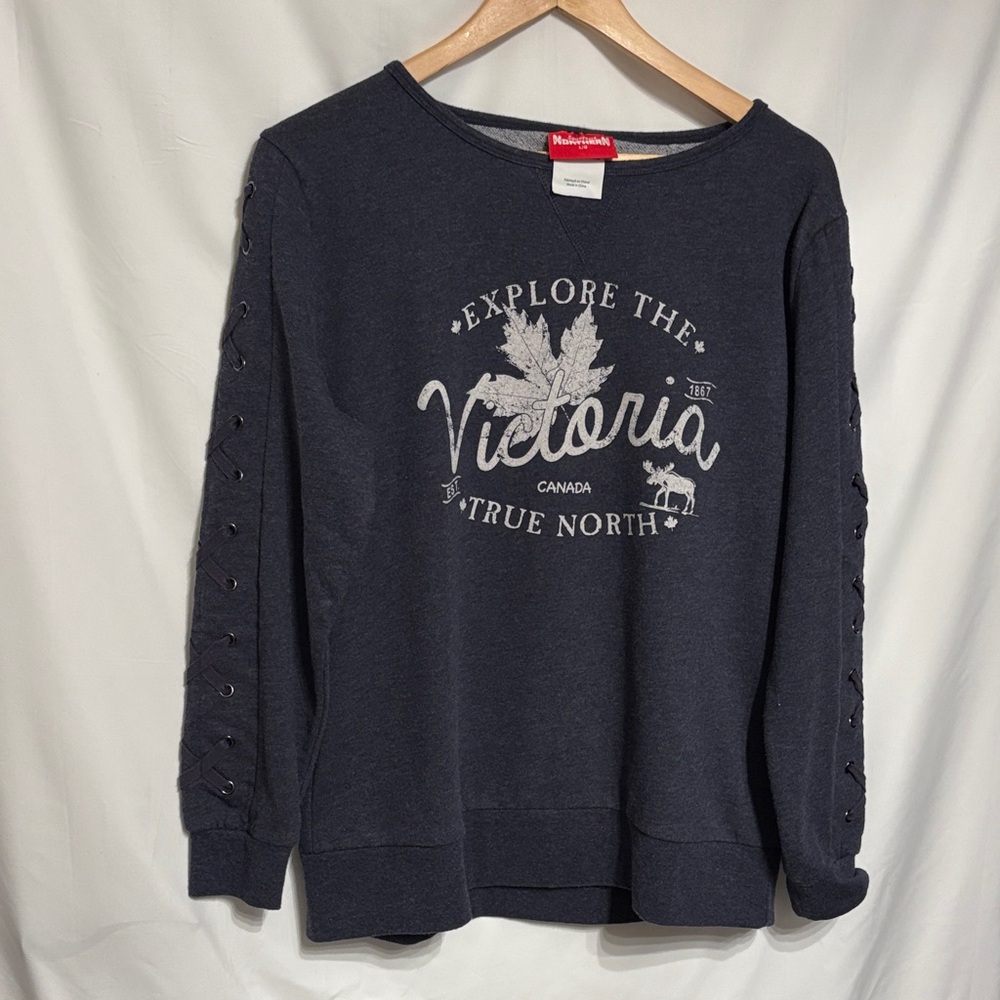 Cabincore Lace-Up Sleeve Graphic Sweatshirt Grey SZ L